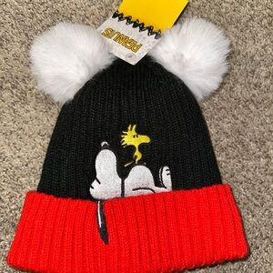 Peanuts Black and Red Beanie with White Pom Poms